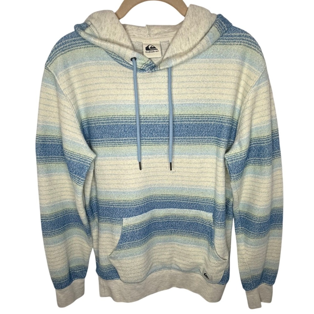 Quiksilver Baja Hoodie Mens Small Blue Striped Surf Coastal‎ Knit Pullover